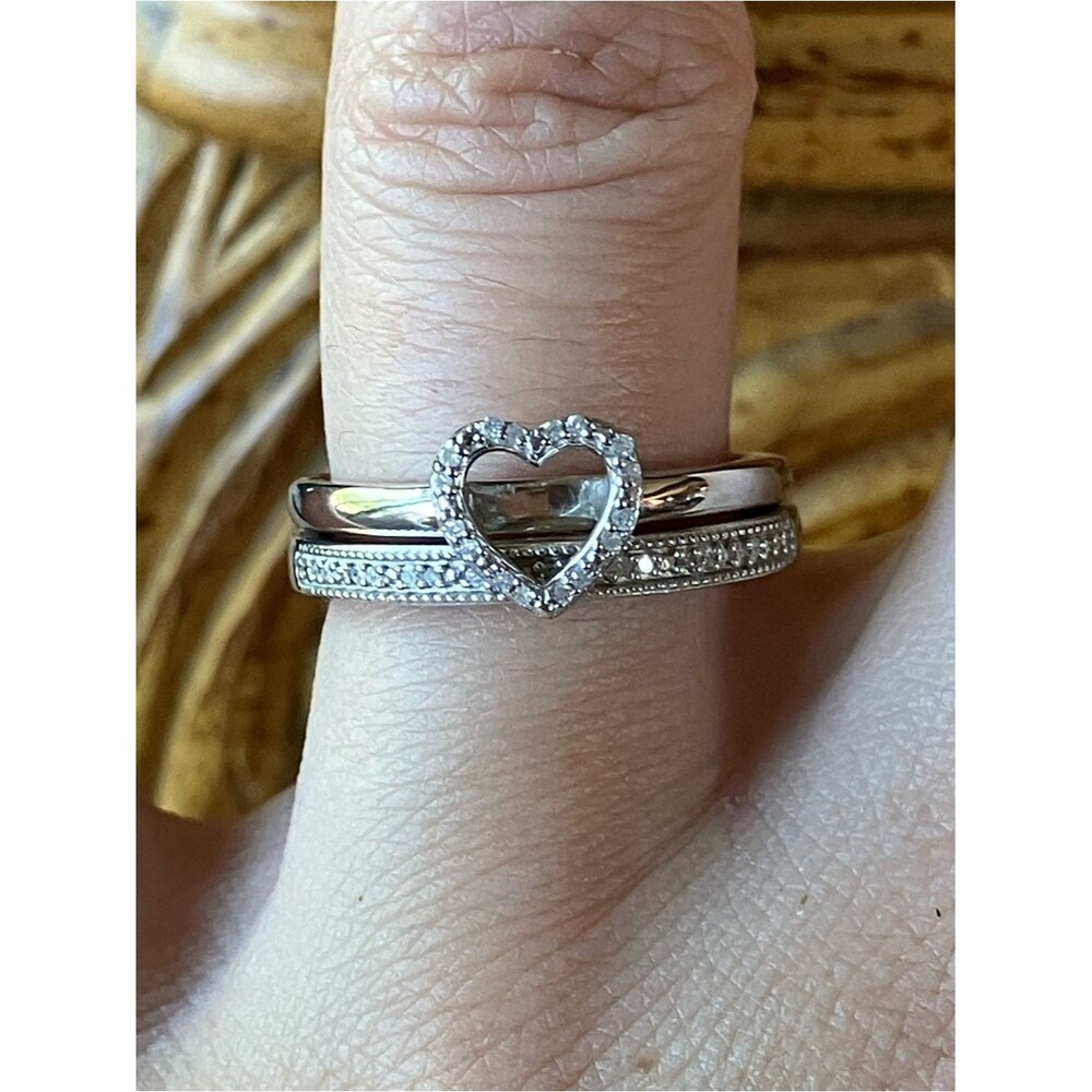 Natural White Diamond Heart Ring Set Size 6.75